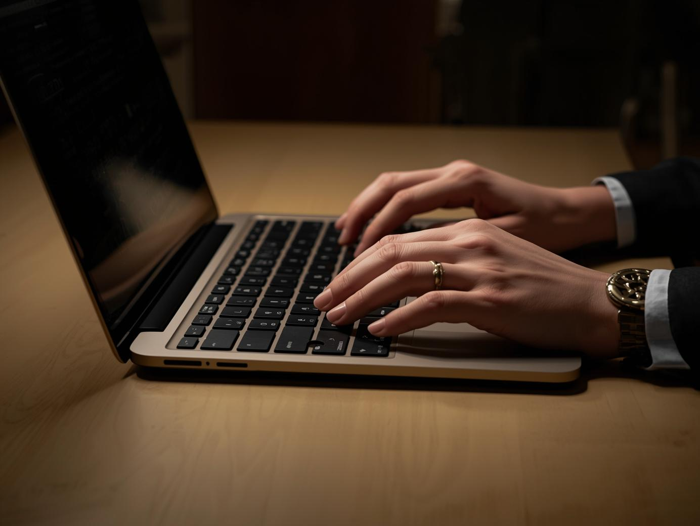 a sleek open laptop,hands busy typing website in designing. colour code gold & black, formal