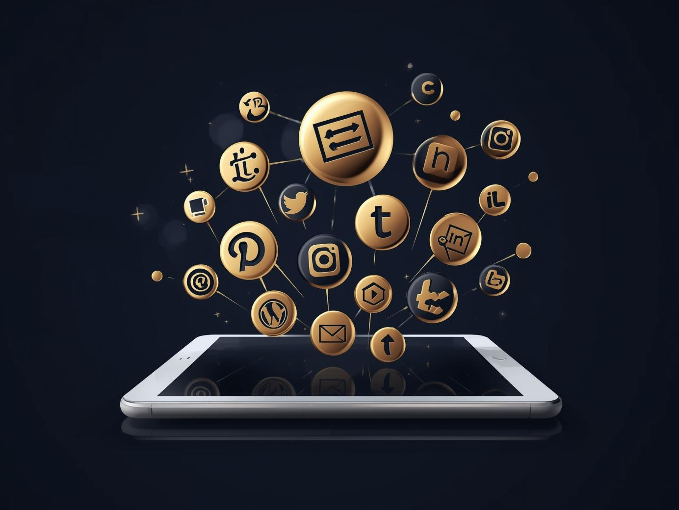 social media icons coming out of a tablet to show we are advertising social media colour code gold, black and white, formal