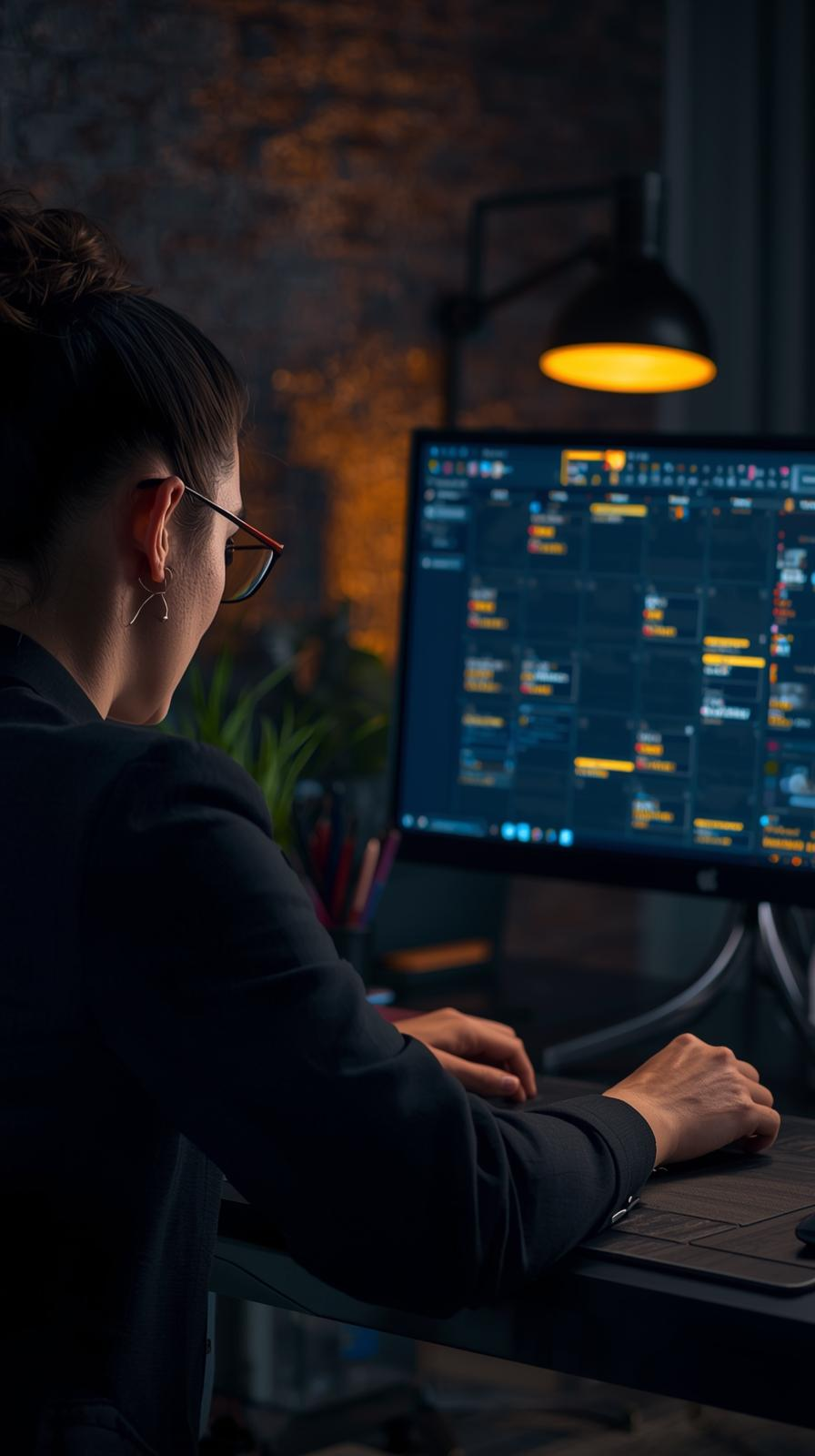 a professional image of someone at a desk with a digital calendar open busy planning, colour guide black & gold, social media marketing (1)