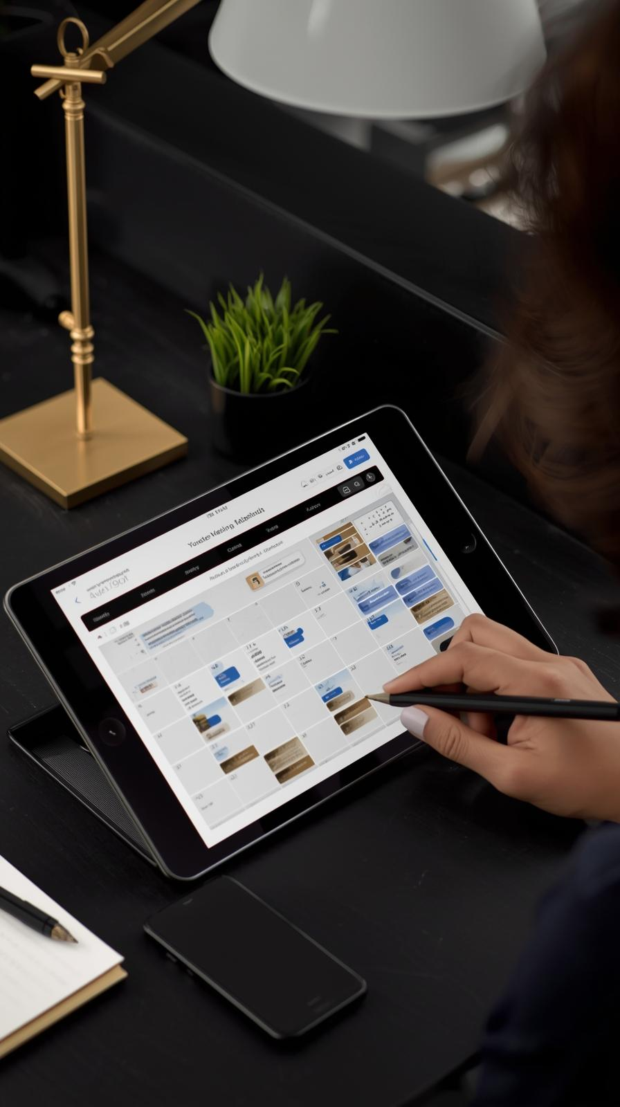 a professional image of someone at a desk with a digital calendar open busy planning, colour guide black & gold, social media marketing