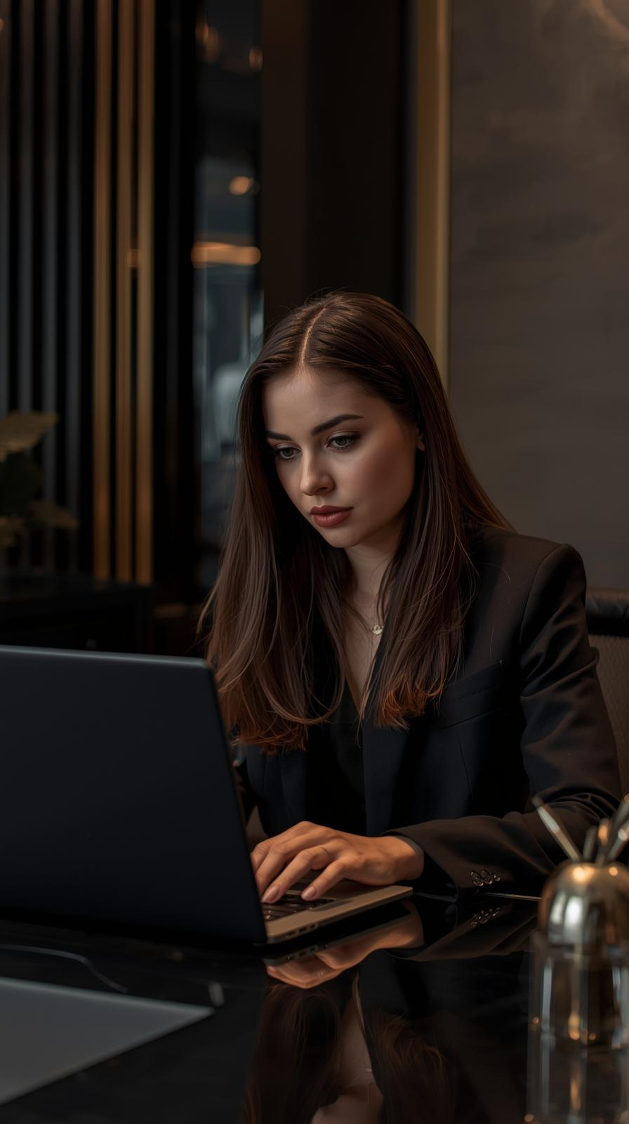 a professional image of someone working on a laptop (but avoid anything that looks like the language learning demo pic)., professional , colour guide black & gold