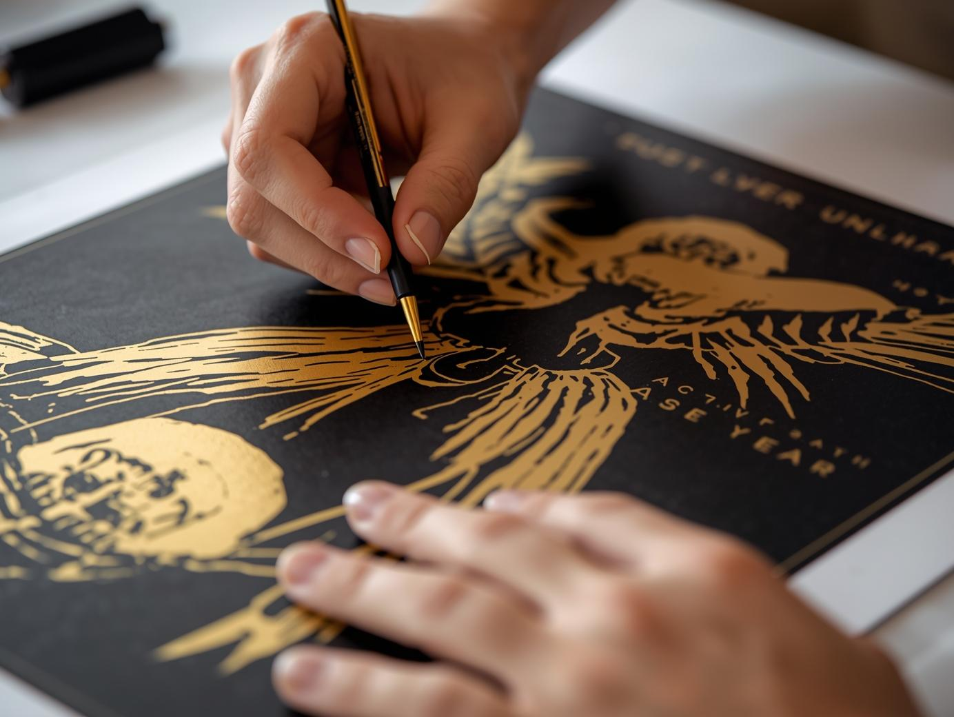 hands busy with poster design colour code black & gold