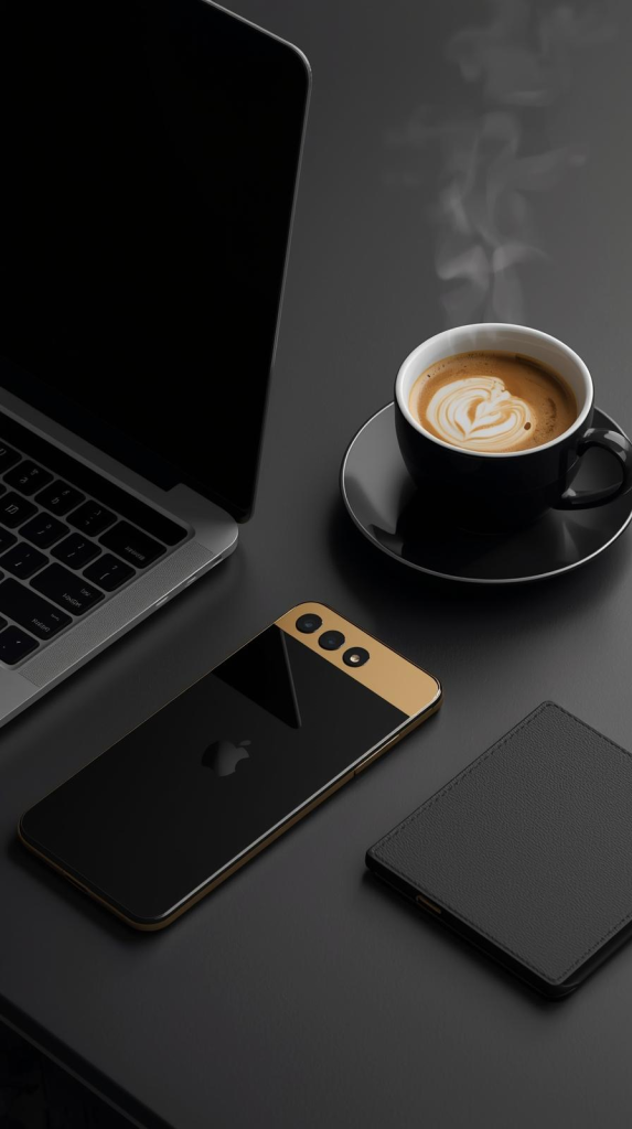 laptop+phone+coffee colour cheme professional, black and gold