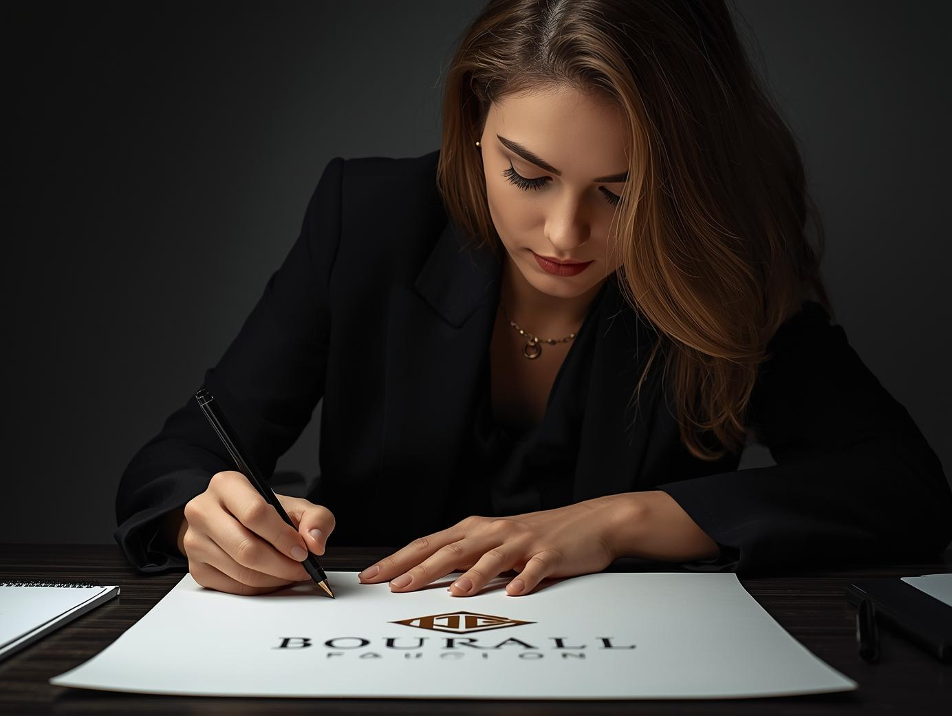 woman busy with logo design, formal, black and gold colour code