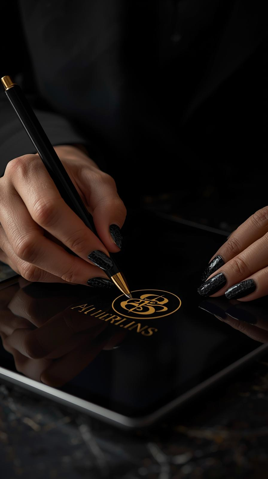 woman hands busy with logo design, formal, black and gold colour code