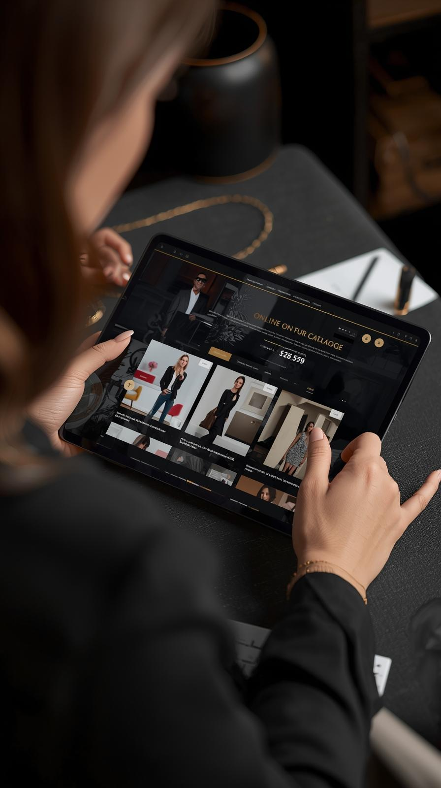 woman with tablet in hand busyonline store catalogue design in progress , formal, black, gold (2)