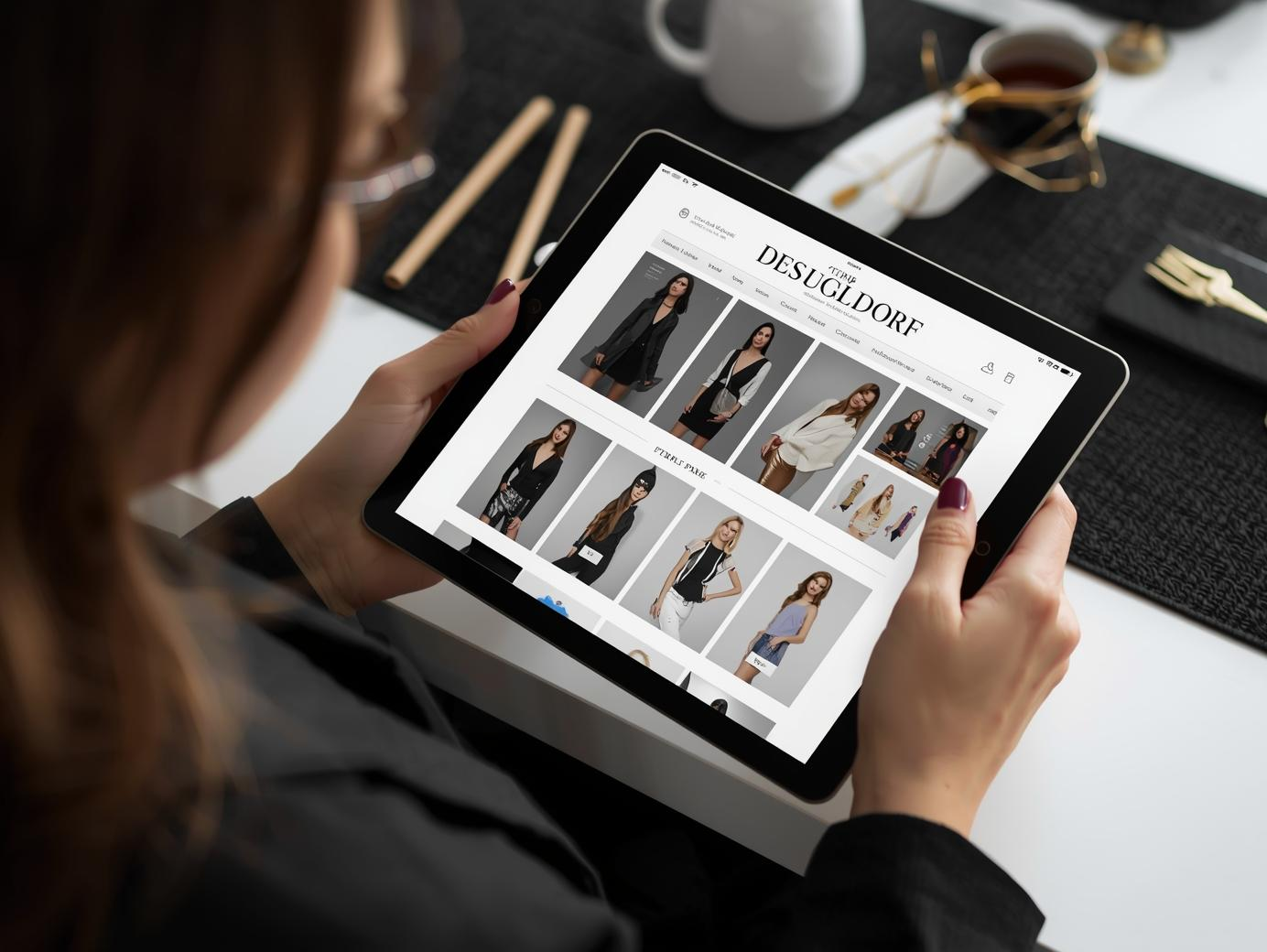 woman with tablet in hand busyonline store catalogue design in progress , formal, black, gold